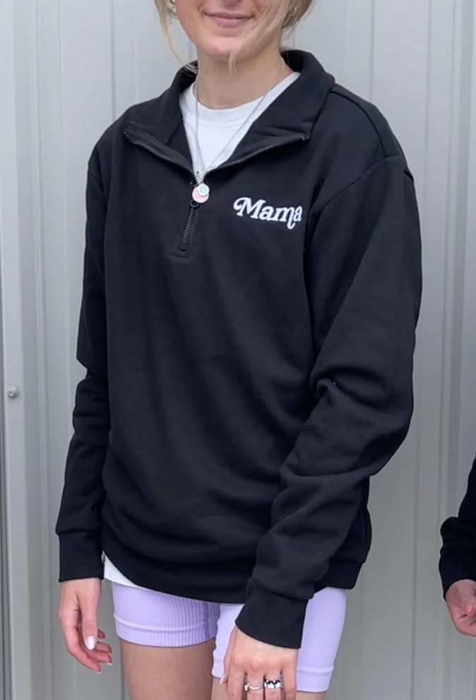 Embroidered Quarter Zip Fleece - Black w/ White Thread - Mama (Italic) - Image 3