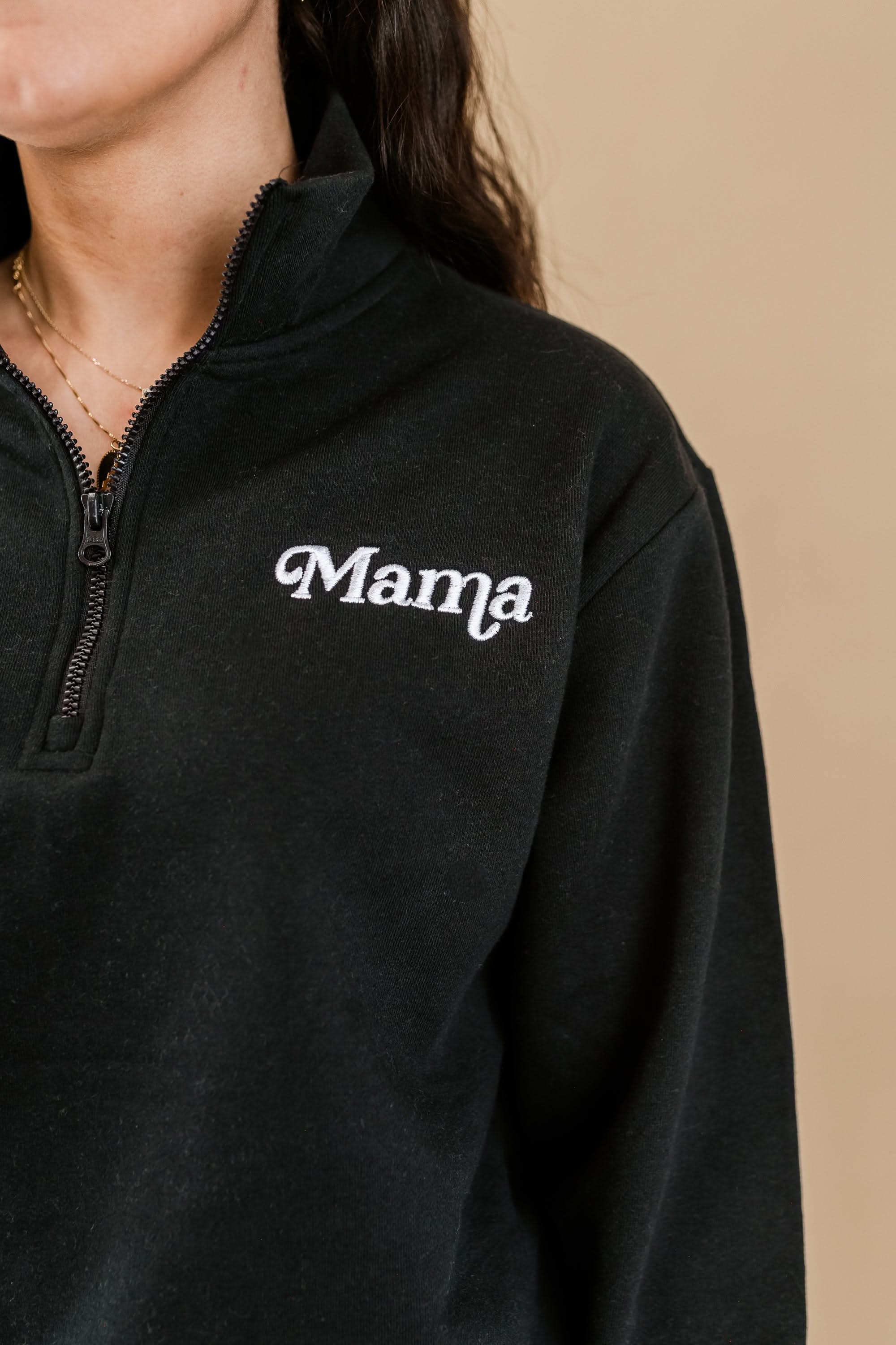Embroidered Quarter Zip Fleece - Black w/ White Thread - Mama (Italic) - Image 5