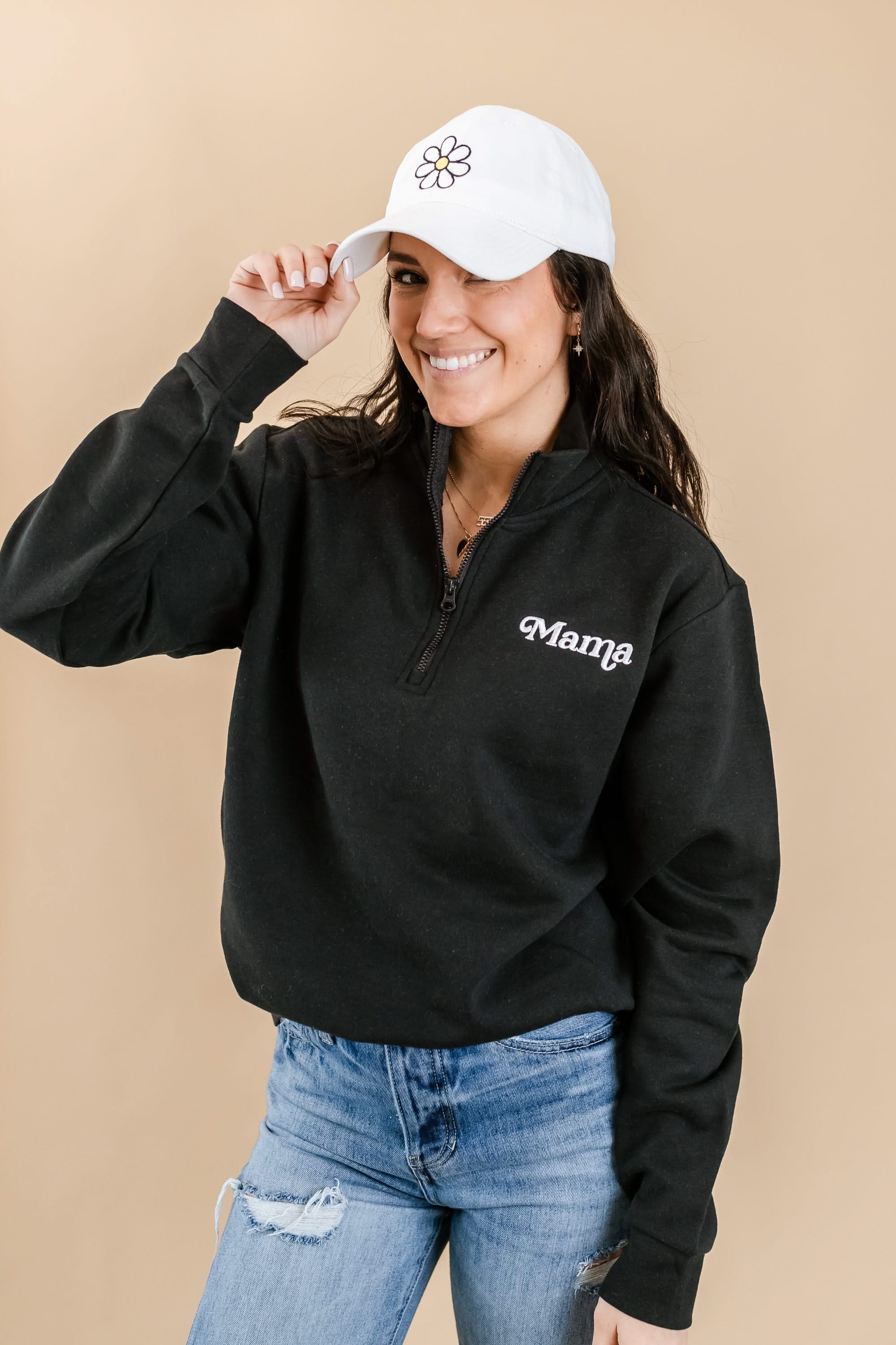 Embroidered Quarter Zip Fleece - Black w/ White Thread - Mama (Italic) - Image 6