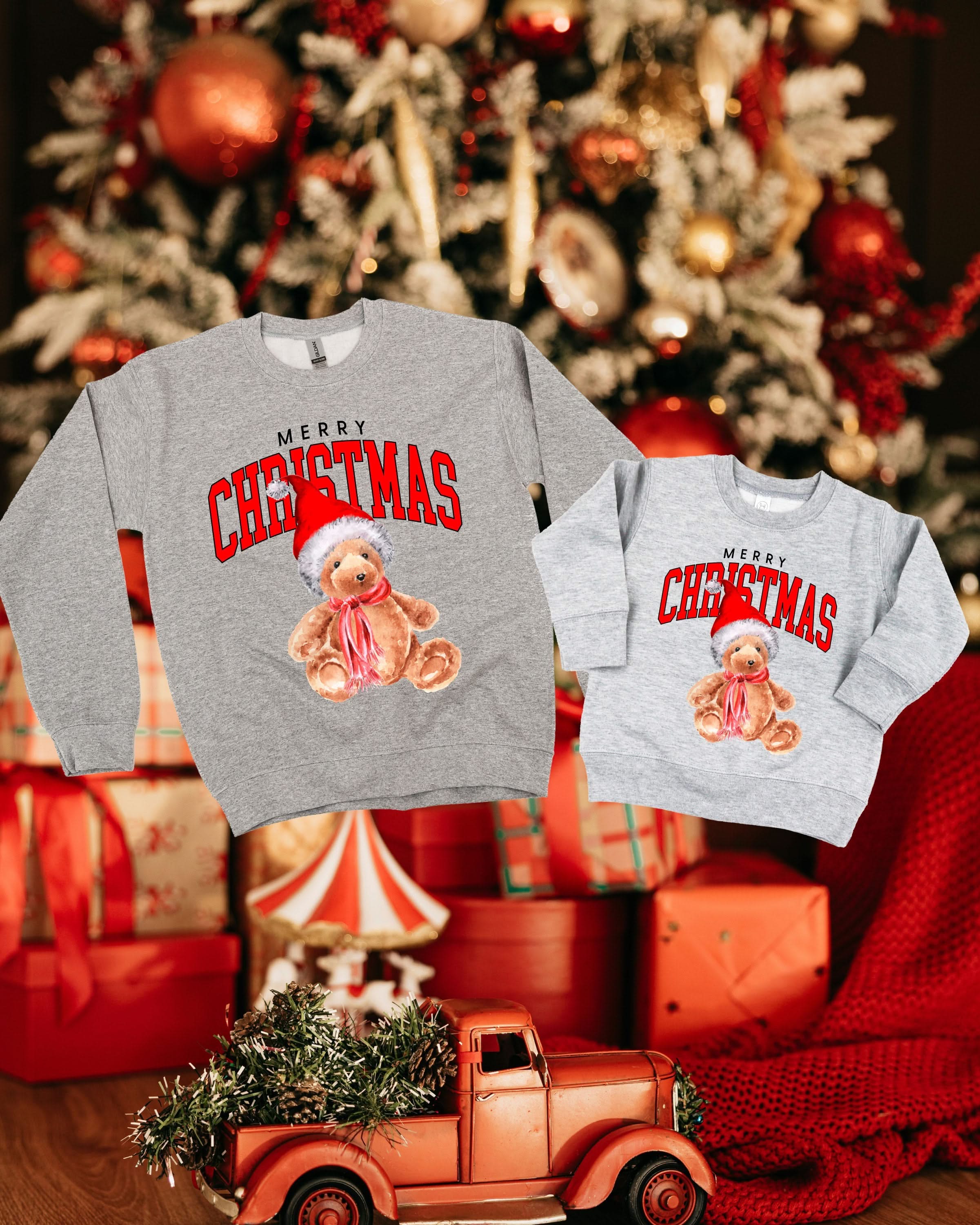 Merry Christmas Teddy Set of 2 Gray Coordinating Sweaters – Matching Holiday Pullovers | Little Mama Shirt Shop - Image 3